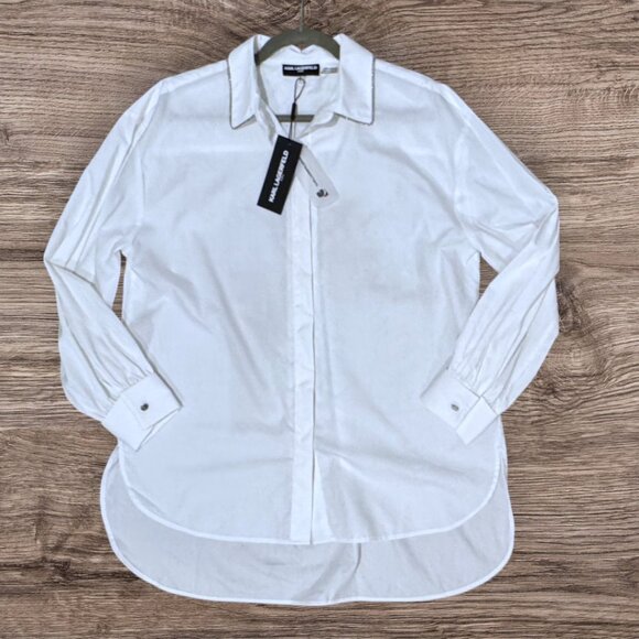 NWT Karl Lagerfeld Paris Luxe Oversized White Blouse Top Rhinestone Trim Collar - Picture 1 of 8